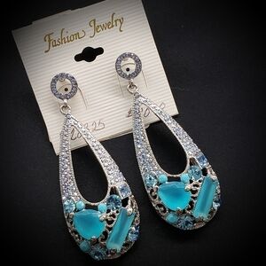 Chunky Turquoise Rhinestone Chandelier Earrings